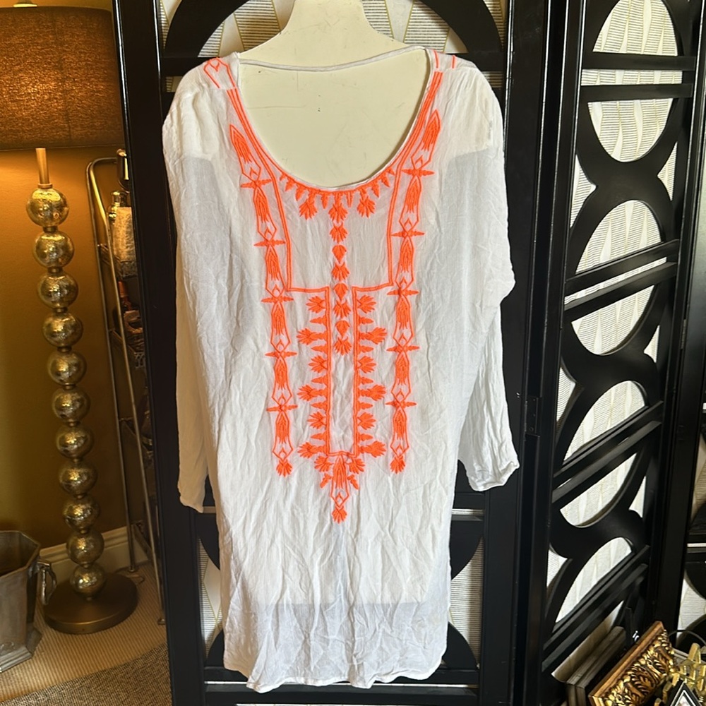 Lucky & Coco White w/ Coral Embroidery Long Sleeve Pull On Swimsuit Coverup.